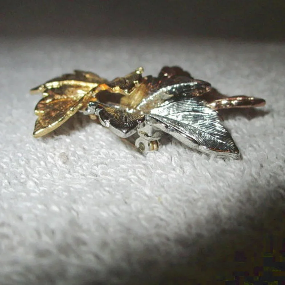 Vtg Tri-Color Brooch Pin Rose Gold Silver Metal 3 Layer Maple Leaves MCM 70s 80s
